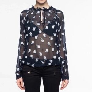 Rag and Bone Navy Blue Floral Print Tie Neck Long Sleeve Blouse